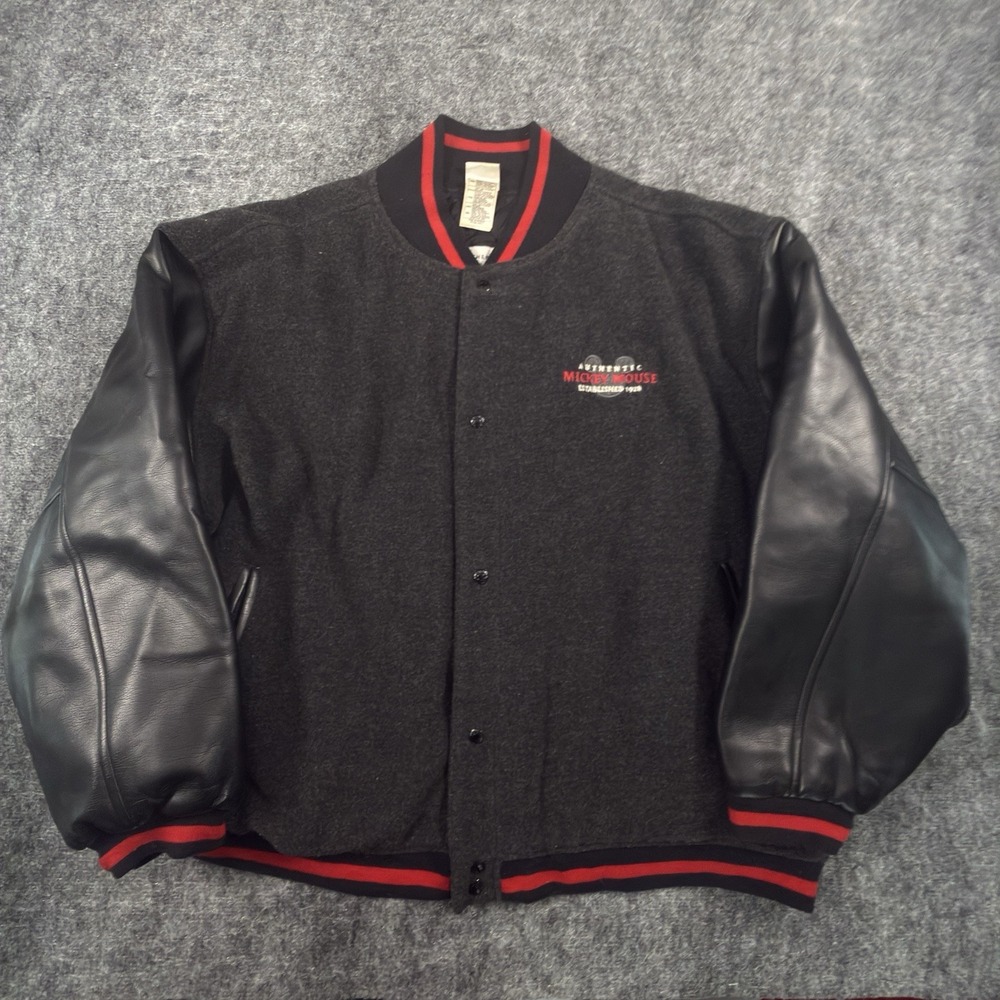 Vtg Disney Store Mickey Mouse Wool Varsity Letterman Jacket Y2K Grey Black XXL